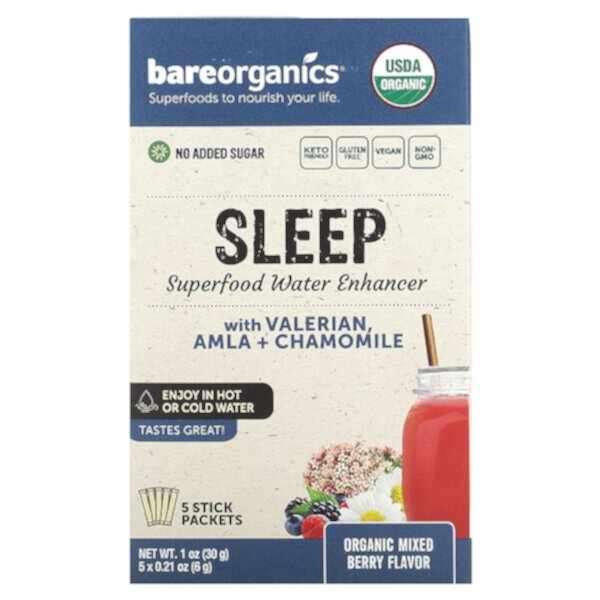 Sleep, Superfood Water Enhancer, органическая ягодная смесь, 5 пакетиков-стиков, 0,21 унции (6 г) каждый BareOrganics