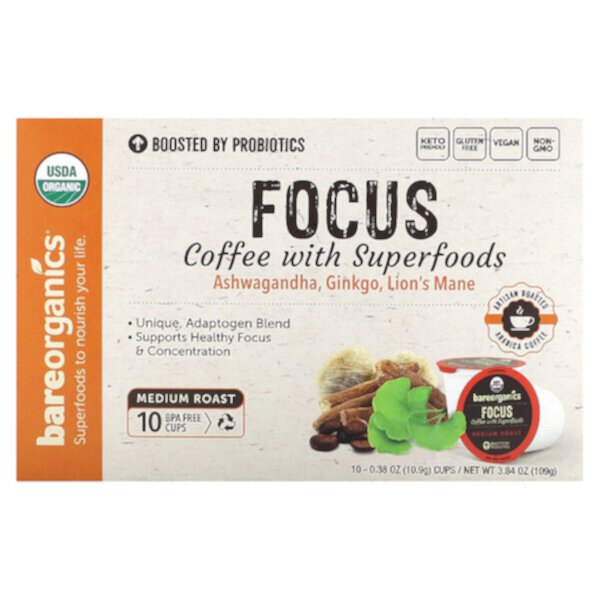 Focus, Coffee with Superfoods, Medium Roast, 10 Cups, 0.38 oz (10.9 g) Each BareOrganics