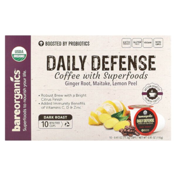 Daily Defense, Coffee with Superfoods, Dark Roast, 10 Cups, 0.41 oz (11.5 g) Each BareOrganics
