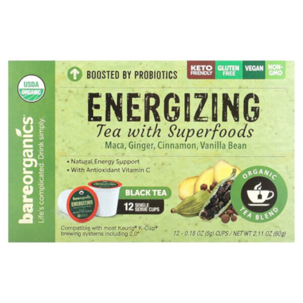 Energizing, Tea with Superfoods, Black Tea, 12 Cups, 0.18 oz (5 g) Each BareOrganics