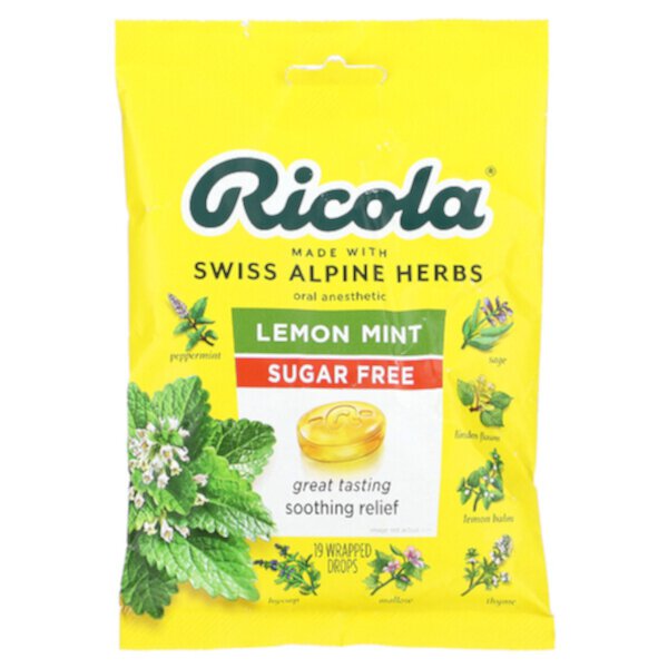 Пероральный анестетик, без сахара, лимонная мята, 19 капель в упаковке Ricola