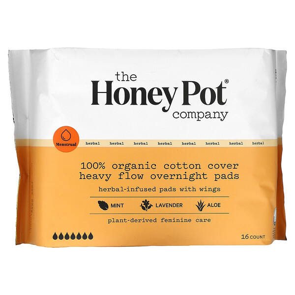 100% органический хлопок, ночные прокладки с тяжелым потоком, 16 шт. The Honey Pot