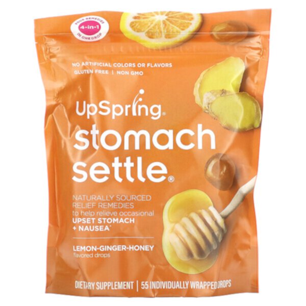 Stomach Settle, Лимон, имбирь и мед, 55 капель в индивидуальной упаковке UpSpring