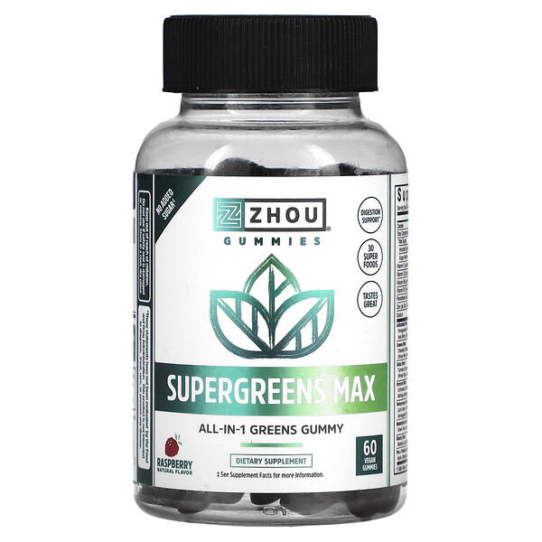 Supergreens Max, Малина, 60 веганских жевательных конфет Zhou