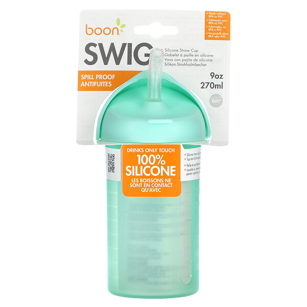 Swig, Силиконовая чашка-соломинка, от 6 месяцев, мятная, 9 унций (270 мл) Boon