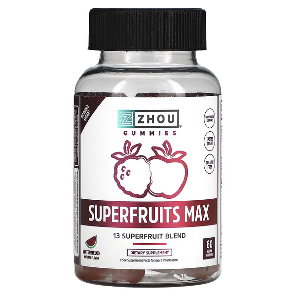 Superfruits Max, Арбуз, 60 веганских жевательных конфет Zhou