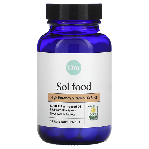Sol Food, Высокоэффективные витамины D3 и K2, 30 жевательных таблеток ORA