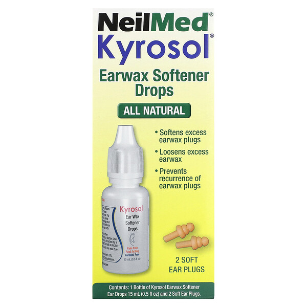 Kyrosol, капли для смягчения ушной серы, 0,5 жидкой унции (15 мл) и 2 мягкие беруши NeilMed