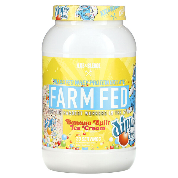 Farm Fed, Изолят сывороточного протеина травяного откорма, банановое мороженое Dippin' Dots, 29,63 унции (840 г) Axe & Sledge Supplements