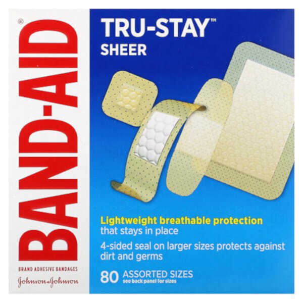 Лейкопластыри, Tru-Stay, прозрачные, в ассортименте, 80 разных размеров Band Aid