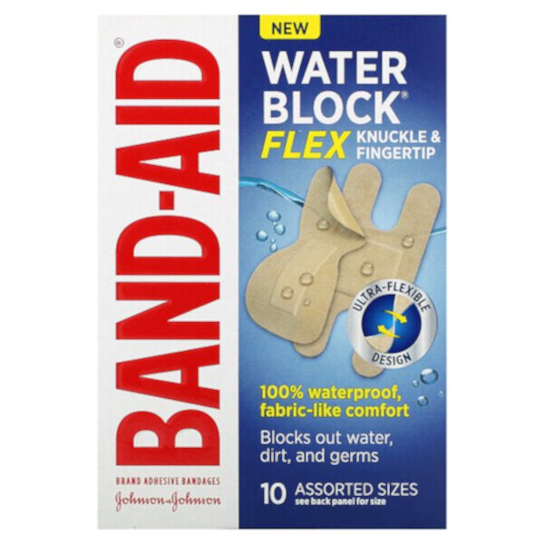 Лейкопластыри, водоблок, гибкие, на суставах и кончиках пальцев, 10 разных размеров Band Aid