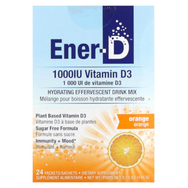 Ener-D, Витамин D3, увлажняющая шипучая питьевая смесь, без сахара, апельсин, 1000 мг, 24 пакета Ener-C