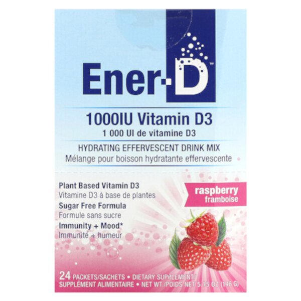 Ener-D, Витамин D3, увлажняющая шипучая питьевая смесь, без сахара, малина, 1000 мг, 24 пакета Ener-C