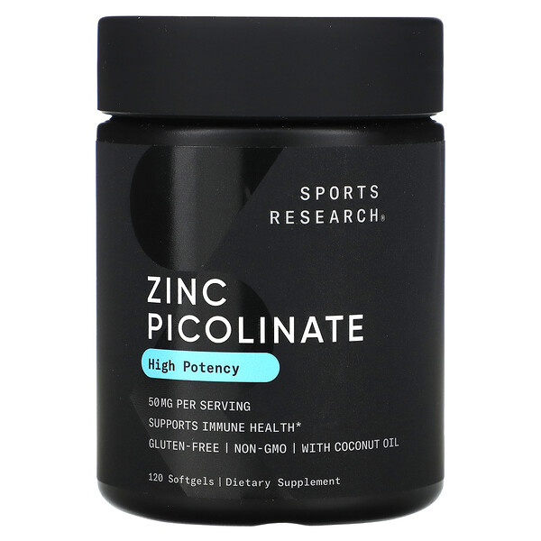 Цинк Пиколинат, Высокая концентрация, 50 мг, 120 мягких капсул - Sports Research Sports Research