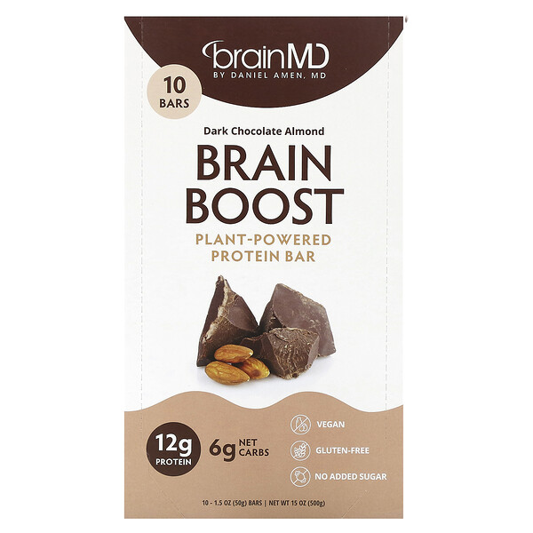 Brain Boost, Протеиновые батончики на растительной основе, темный шоколад и миндаль, 10 батончиков по 1,5 унции (50 г) каждый BrainMD