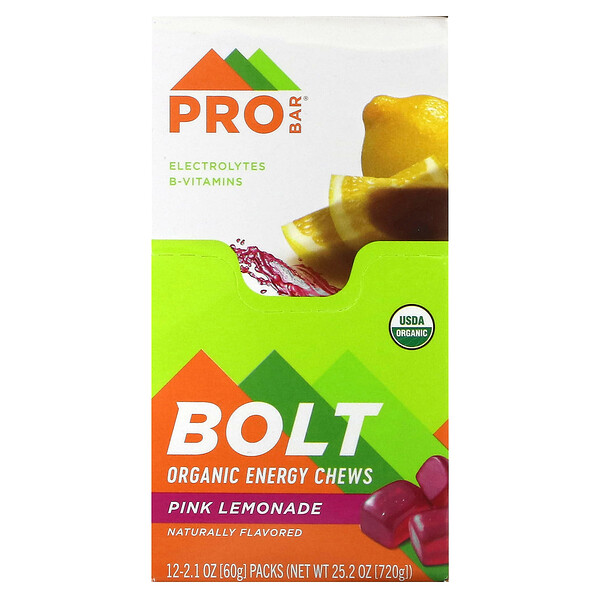 Bolt, Органические энергетические жевательные конфеты, розовый лимонад, 12 упаковок по 2,1 унции (60 г) каждая PROBAR
