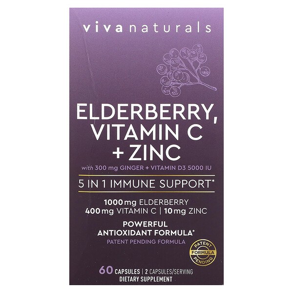 Бузина, витамин С + цинк, 60 капсул Viva Naturals