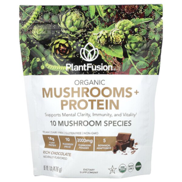 Органические грибы + белок, насыщенный шоколад, 1 фунт (476 г) PlantFusion