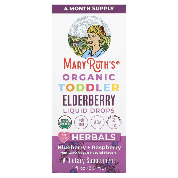 Organic Toddler Elderberry Liquid Drops (Жидкие капли), Blueberry + Raspberry, 1 fl oz (Жидкие унции) (30 ml) MaryRuth's