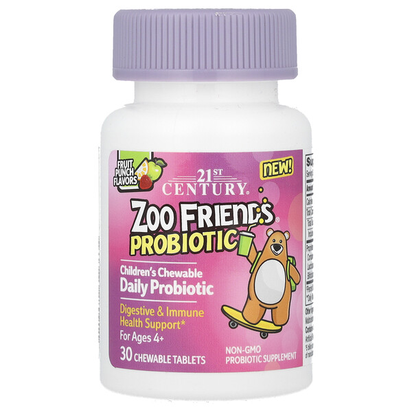 Zoo Friends, Детский жевательный пробиотик, для детей от 4 лет, фруктовый пунш, 30 жевательных таблеток 21st Century