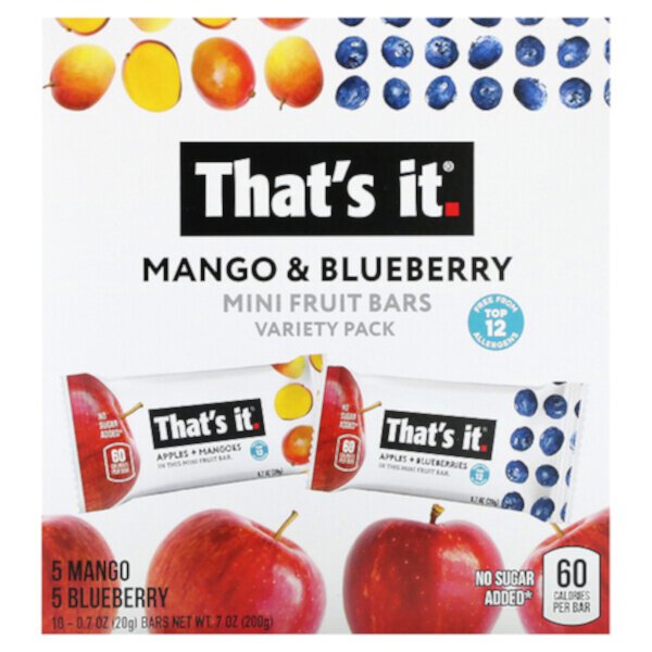 Mini Fruit Bars,  Variety Pack, Mango & Blueberry, 10 Bars, 0.7 oz (20 g) Each That's It