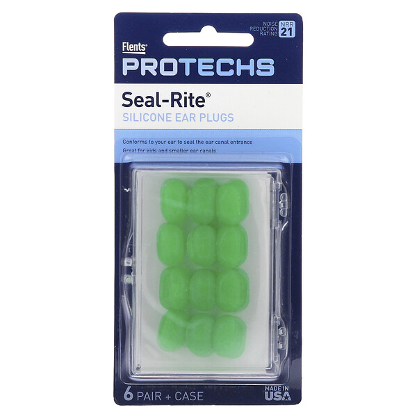 Pro-Techs, Seal-Rite, силиконовые беруши, зеленые, 6 пар и футляр Ezy Dose