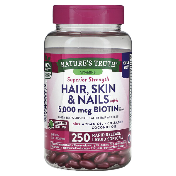Волосы, кожа и ногти с биотином, 250 жидких мягких таблеток быстрого высвобождения Nature's Truth