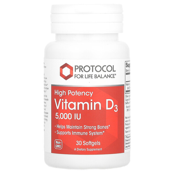 Витамин D3, высокая эффективность, 5000 МЕ, 30 мягких таблеток Protocol for Life Balance