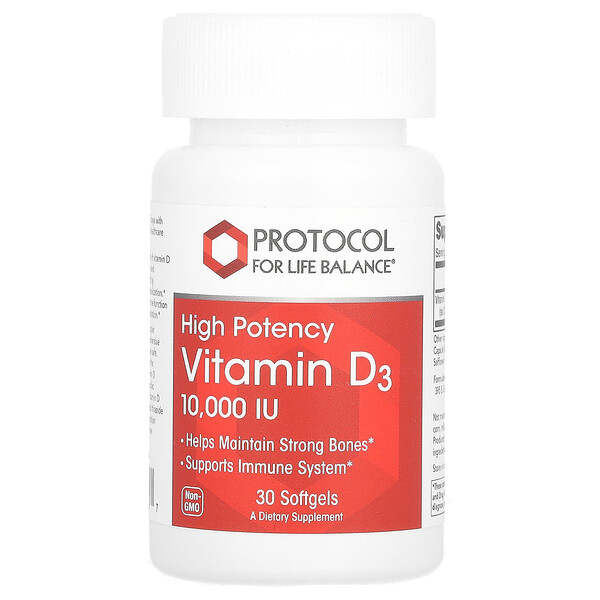 Витамин D3, Высокая мощность, 10 000 МЕ, 30 капсул - Protocol for Life Balance Protocol for Life Balance