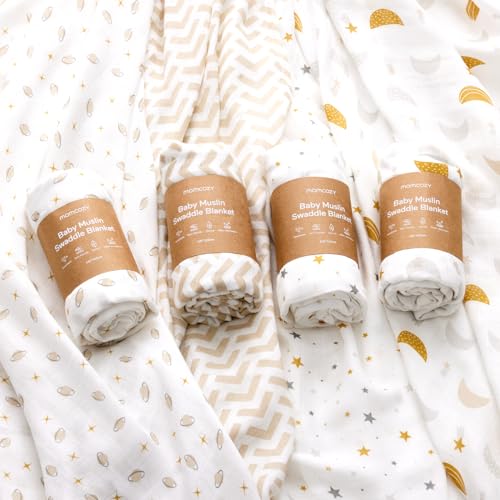 Momcozy Muslin Swaddle Blankets, 4 Pack, Ultra Soft, Neutral Matching, Breathable 2-Layer Gauze Large 47'' x 47'' Baby Swaddling Receiving Blanket Wraps for Newborn Boys Girls, Star Momcozy