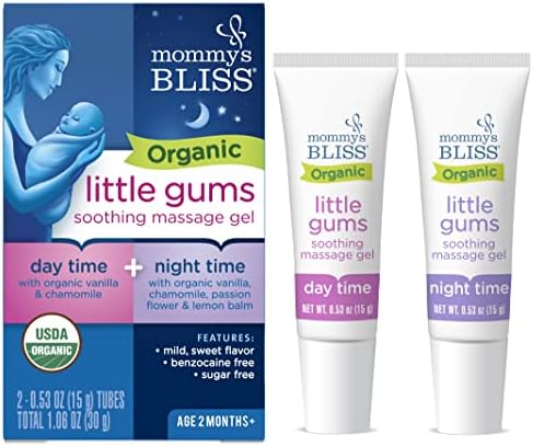 Mommy's Bliss Organic Little Gums, успокаивающий массажный гель, дневной и ночной набор, отлично подходит для прорезывания зубов у младенцев, от 2 месяцев и старше, без сахара, мягкий и сладкий вкус, 2 тюбика по 0,53 унции (1 шт. в упаковке) Mommy's Bliss