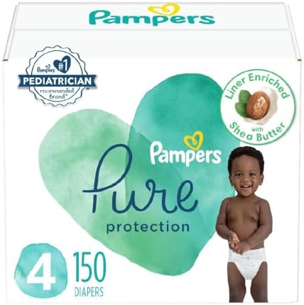 Pampers Pure Protection Diapers - Size 4, One Month Supply (150 Count), Hypoallergenic Premium Disposable Baby Diapers Pampers