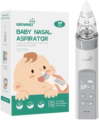 Назальный аспиратор для ребенка, электрическая детская носовая соска, автоматический очиститель носа с 3 силиконовыми насадками, регулируемый уровень всасывания, успокаивающая музыка и свет, фиолетовый GROWNSY