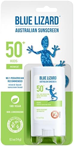 BLUE LIZARD Mineral Sunscreen Stick with Zinc Oxide SPF 50+ Water Resistant UVA/UVB Protection Easy to Apply Fragrance Free, Kids, Unscented, 0.5 oz Blue Lizard