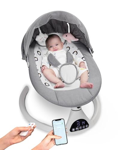 Детские качели для младенцев и малышей Портативные детские качели Функция синхронизации 5 скоростей качания Bluetooth с сенсорным экраном Музыкальный динамик с 10 предустановленными колыбельными 5-точечный карабин Queerick