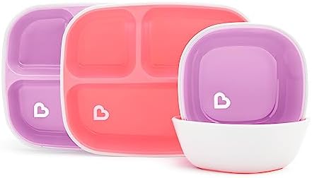 Обеденный набор Munchkin® Splash™ из 4 предметов для малышей, разделенный тарелкой и миской, розовый/фиолетовый Munchkin