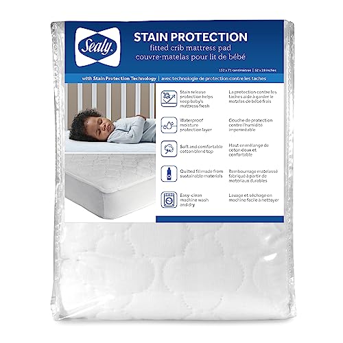 Защита от пятен Sealy, водонепроницаемая защитная крышка для детской кроватки и наматрасника для детской кроватки, бесшумная, подходит для машинной стирки и сушки, 52 x 28 дюймов — белый SEALY BABY
