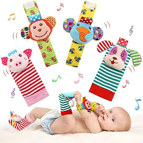 Набор носков SSK Soft Baby с погремушкой на запястье, мягкие игрушки из хлопка и плюша для младенцев, подарок на день рождения для новорожденного мальчика и девочки 0/3/4/6/7/8/9/12/18 месяцев для малышей, 4 милых животных SSK