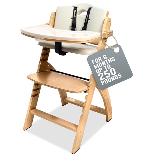 Деревянный стульчик для кормления Abiie Beyond Junior с подносом. Идеальное регулируемое детское кресло для кормления для ваших младенцев и малышей или в качестве обеденного стула. 6 месяцев до 250 фунтов. Красное дерево/кремовая подушка Abiie