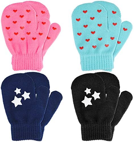 MENOLY 4 Pairs Toddler Magic Stretch Mittens Winter Warm Kids Knit Gloves for Little Girls Boys MENOLY