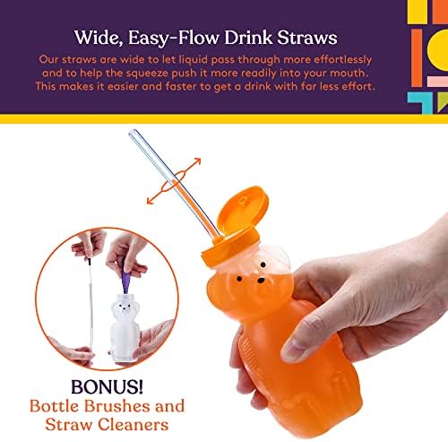 Special Supplies Honey Bear Straw Cup Long Straws, Squeezable Therapy and Special Needs Assistive Drink Container, Spill Proof and Leak Resistant Lid (Pack of 6 Bottles and 12 Straws) Special Supplies