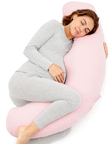 Momcozy Pregnancy Pillows for Side Sleeping, J Shaped Maternity Body Pillow for Pregnancy, Soft Pregnancy Pillow with Jersey Cover for Head Neck Belly Support, Grey Momcozy