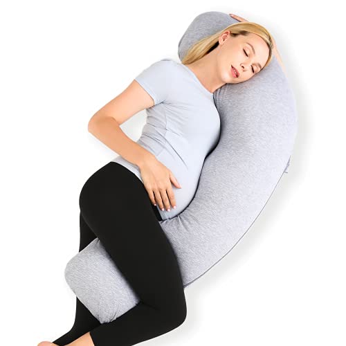 Momcozy Pregnancy Pillows for Side Sleeping, J Shaped Maternity Body Pillow for Pregnancy, Soft Pregnancy Pillow with Jersey Cover for Head Neck Belly Support, Grey Momcozy
