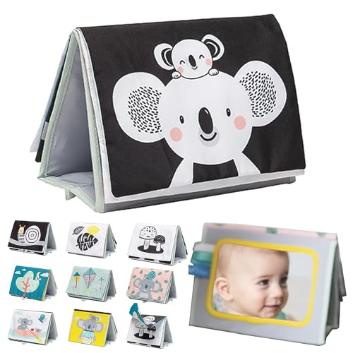 Tummy Time Toys High Contrast Baby Book. Fun, Interactive Crinkle Books for Babies with Baby Tummy Time Mirror & Soft Koala Teether - Baby Tummy Time Book by Taf Toys Taf Toys