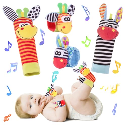 PADONISE Wrist Rattle Foot Finder Socks Set Arm Hand Bracelet Rattle Feet Leg Ankle Socks Newborn Soft Sensory Toys Baby Socks Newborn Rattles Toys for Babies 0-6 Months Infant Baby Gifts 6-12 Months PADONISE