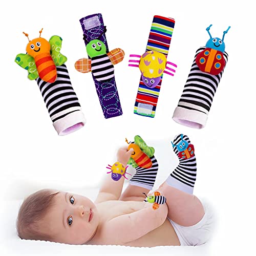 PADONISE Wrist Rattle Foot Finder Socks Set Arm Hand Bracelet Rattle Feet Leg Ankle Socks Newborn Soft Sensory Toys Baby Socks Newborn Rattles Toys for Babies 0-6 Months Infant Baby Gifts 6-12 Months PADONISE