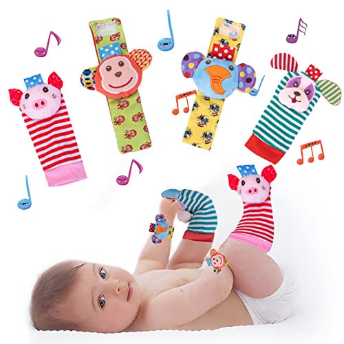 PADONISE Wrist Rattle Foot Finder Socks Set Arm Hand Bracelet Rattle Feet Leg Ankle Socks Newborn Soft Sensory Toys Baby Socks Newborn Rattles Toys for Babies 0-6 Months Infant Baby Gifts 6-12 Months PADONISE