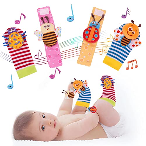 PADONISE Wrist Rattle Foot Finder Socks Set Arm Hand Bracelet Rattle Feet Leg Ankle Socks Newborn Soft Sensory Toys Baby Socks Newborn Rattles Toys for Babies 0-6 Months Infant Baby Gifts 6-12 Months PADONISE