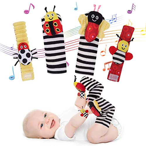 PADONISE Wrist Rattle Foot Finder Socks Set Arm Hand Bracelet Rattle Feet Leg Ankle Socks Newborn Soft Sensory Toys Baby Socks Newborn Rattles Toys for Babies 0-6 Months Infant Baby Gifts 6-12 Months PADONISE