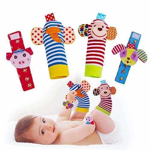 PADONISE Wrist Rattle Foot Finder Socks Set Arm Hand Bracelet Rattle Feet Leg Ankle Socks Newborn Soft Sensory Toys Baby Socks Newborn Rattles Toys for Babies 0-6 Months Infant Baby Gifts 6-12 Months PADONISE